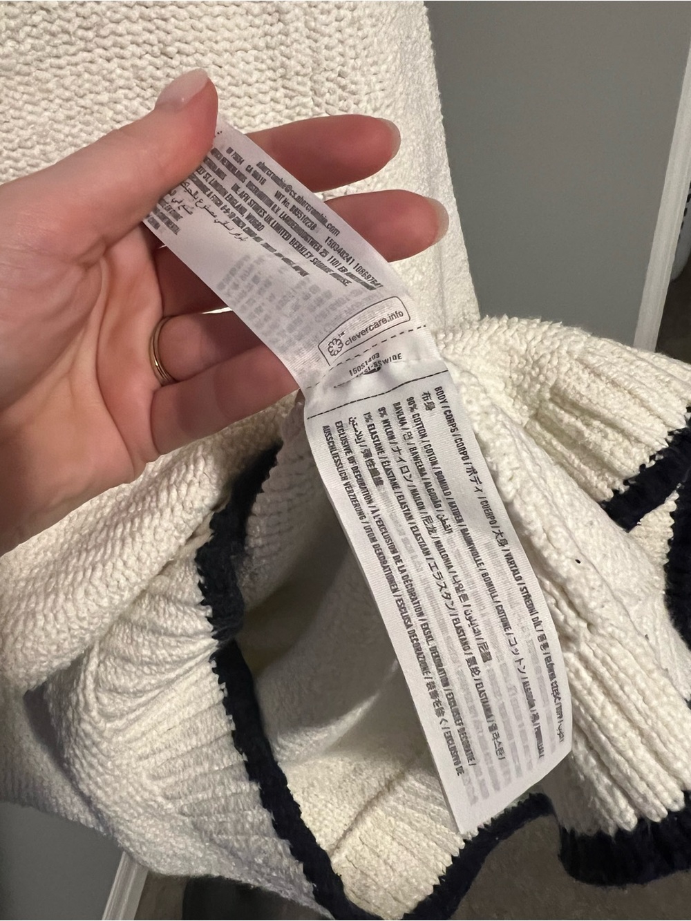 Abercrombie & Fitch Madeline Textural Crew Sweater Top in cream with navy trim - Picture 5 of 5